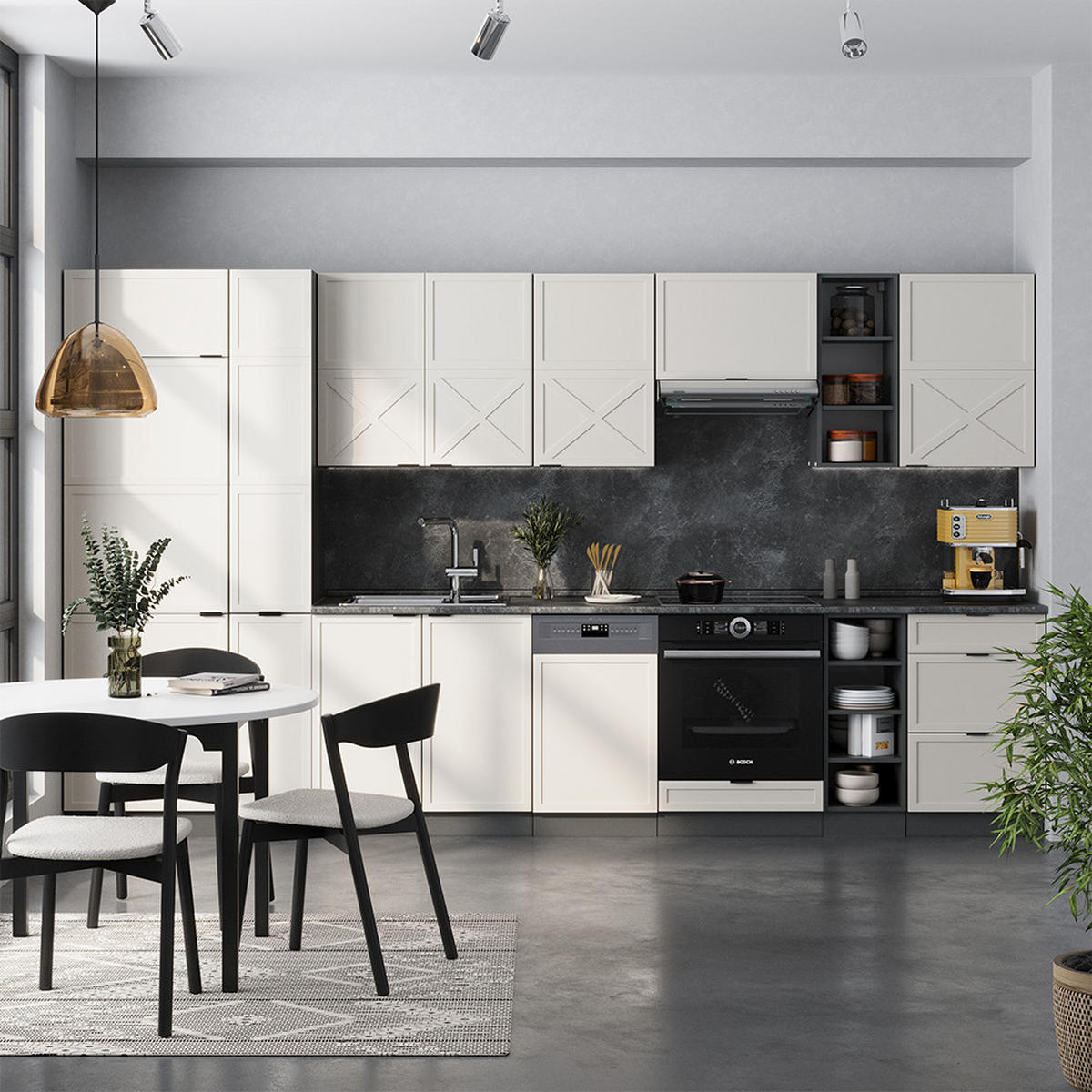 KÜCHENZEILE Fame-Line GrauBeige/Anthrazit 355 cm, AP Marmor - Anthrazit/Grau, Holzwerkstoff (355/81.6/60cm) - Vicco