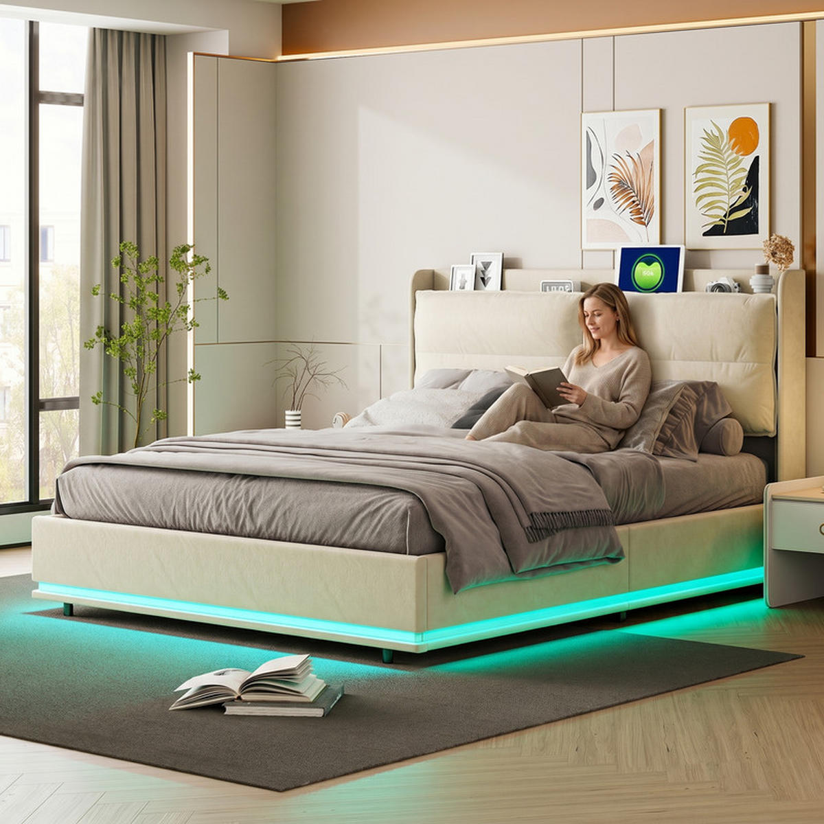 KLÄDD säng 160/200 cm beige med förvaringsutrymme, LED och USB - Beige, Trä - SHOPENTRA