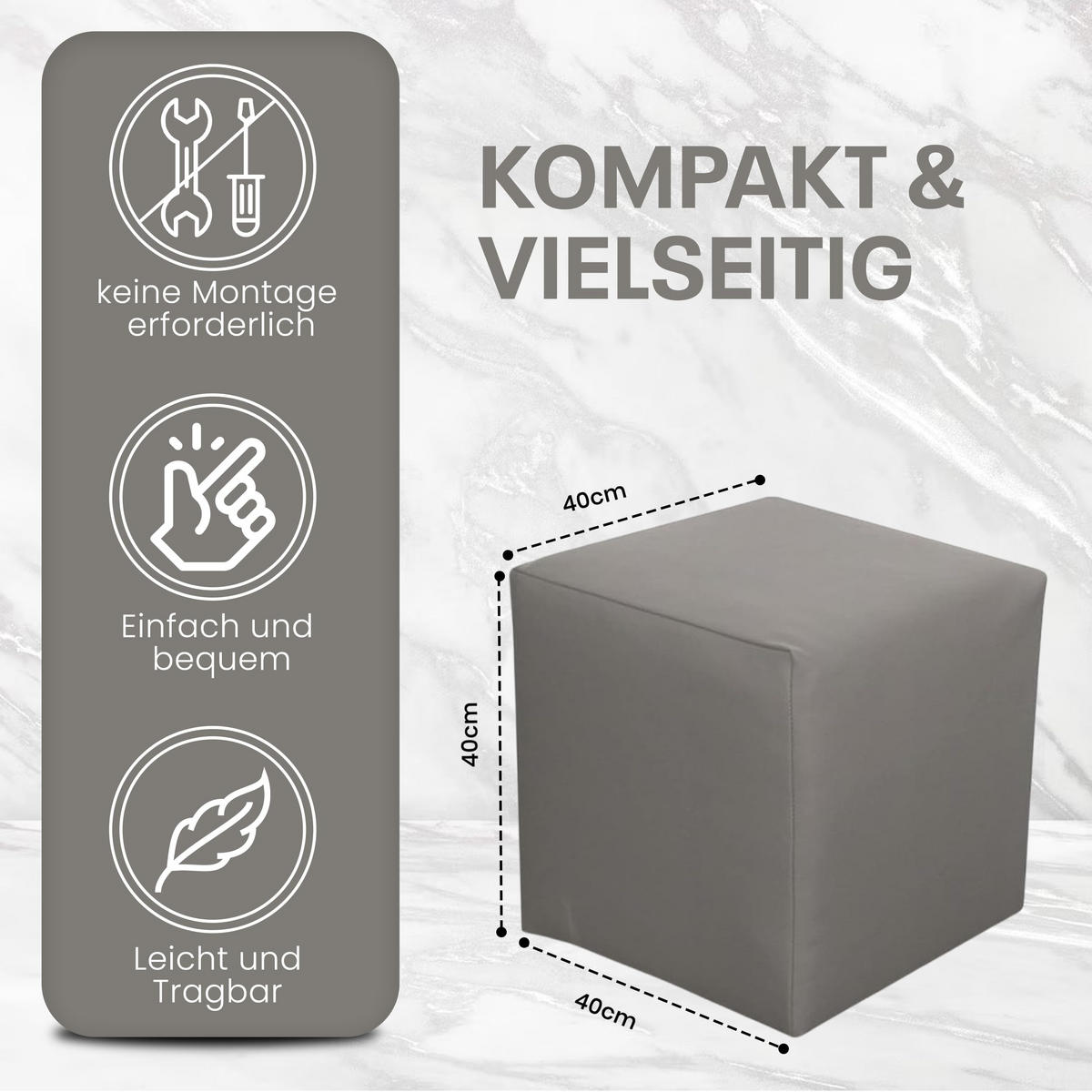 SITZWÜRFEL / Siège Pouf - Gris, 40X40X40 Cm, Assise Rembourrée En Simili Cuir, Confortable Pour Salon, Chambre Ou Bureau - Grau, Leder/Textil (41/41/40cm) - Best For Home