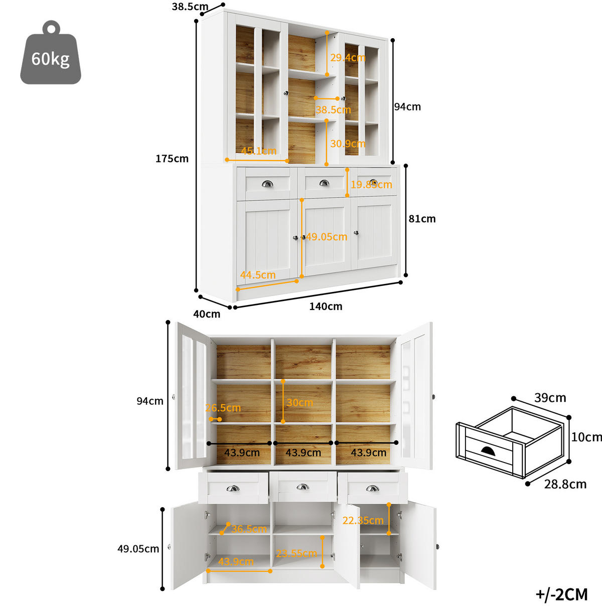 VISOKI element s vitrinskim dijelom, 140/38,5/175 cm, MDF i akril bijela - bijela, drvni materijal (140/175/38.5cm) - BEAOK