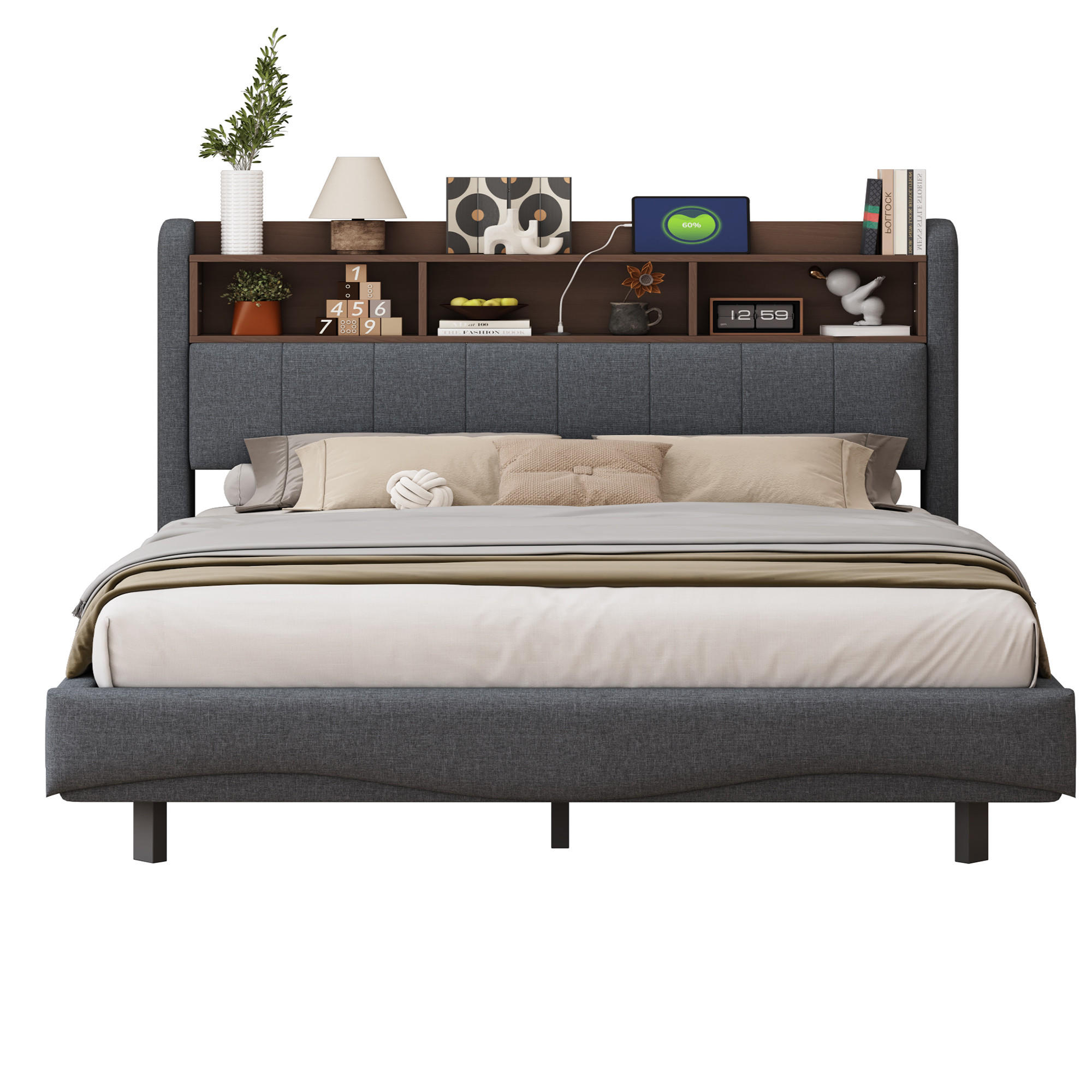 POLSTERBETT 160/200 cm grau mit Stauraum und LED-Beleuchtung - Grau, Textil (160/200cm) - OKWISH