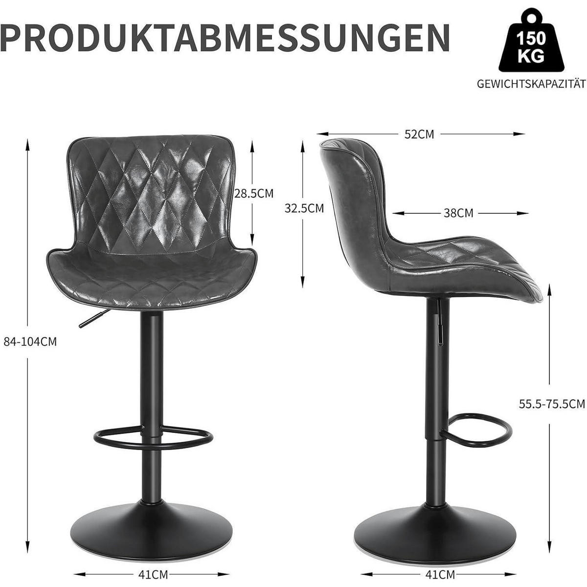 BARHOCKER 3er-Set dunkelgrau Leder mit Lehne und Fußstütze - Anthrazit, Leder (41/104/52cm)