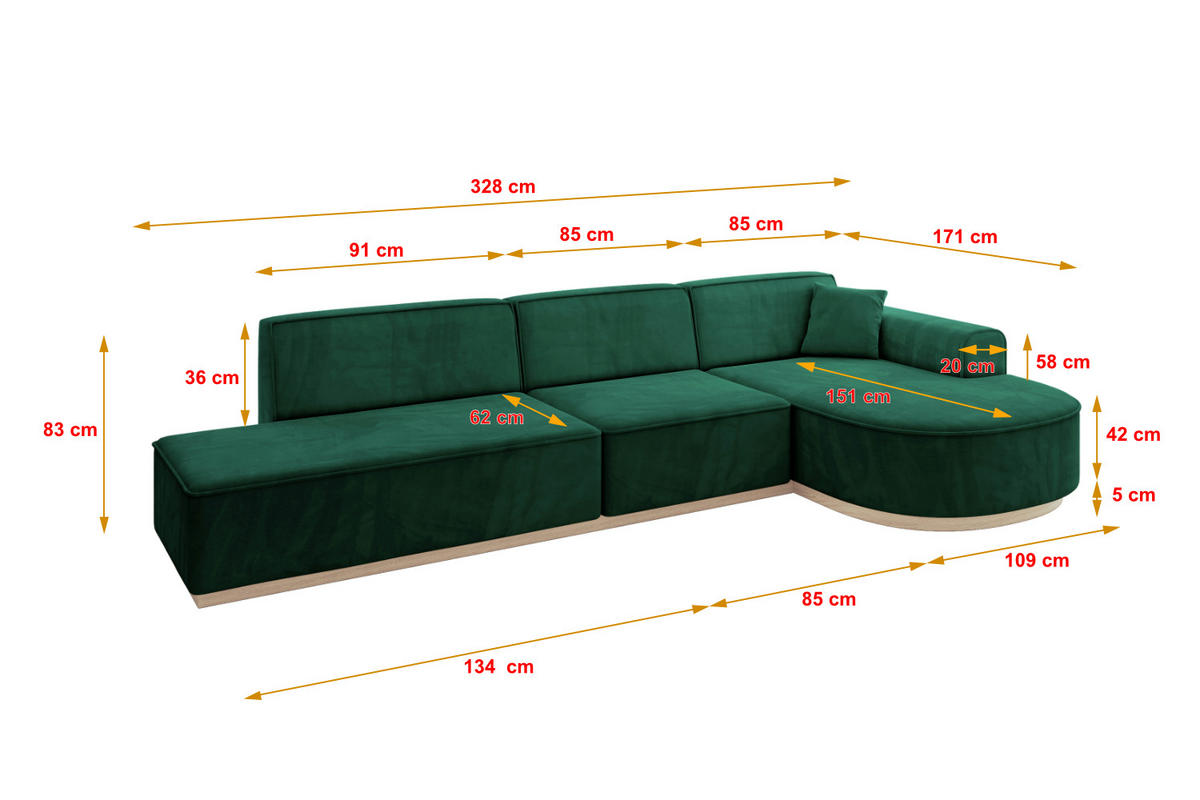 ECKSOFA Ottomane Rechts ARRIO-L2 - 328x171x83 cm Dunkelgrün - Grün, Holzwerkstoff/Textil (328/171cm) - ALTDECOR