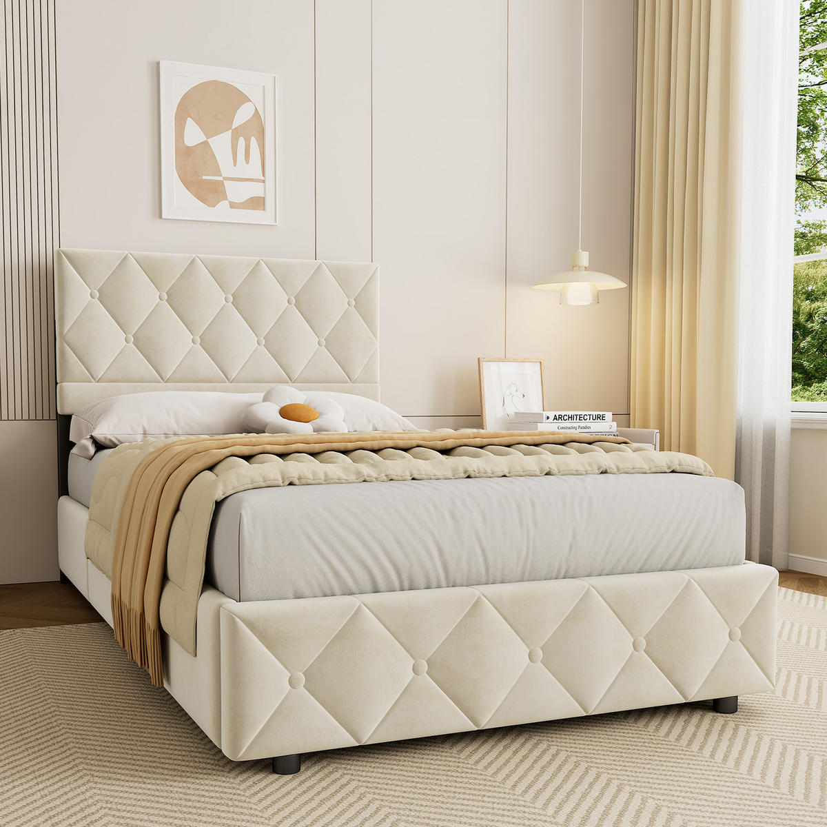 POLSTERBETT 90/190 cm mit Bettkasten in Beige Samt, ohne Matratze - Beige, Holzwerkstoff/Textil (90/190cm) - WISHDOR