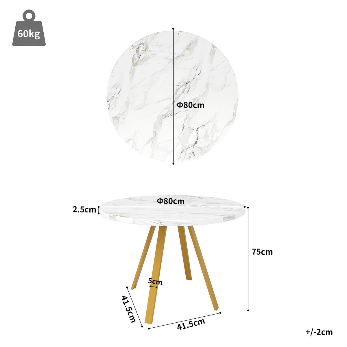 ESSTISCH, MDF-Tischplatte in Marmoroptik & Metallgestell, 80/80/75 cm, Weiß/Gold - Weiß, Holzwerkstoff (80/80/75cm) - Redom