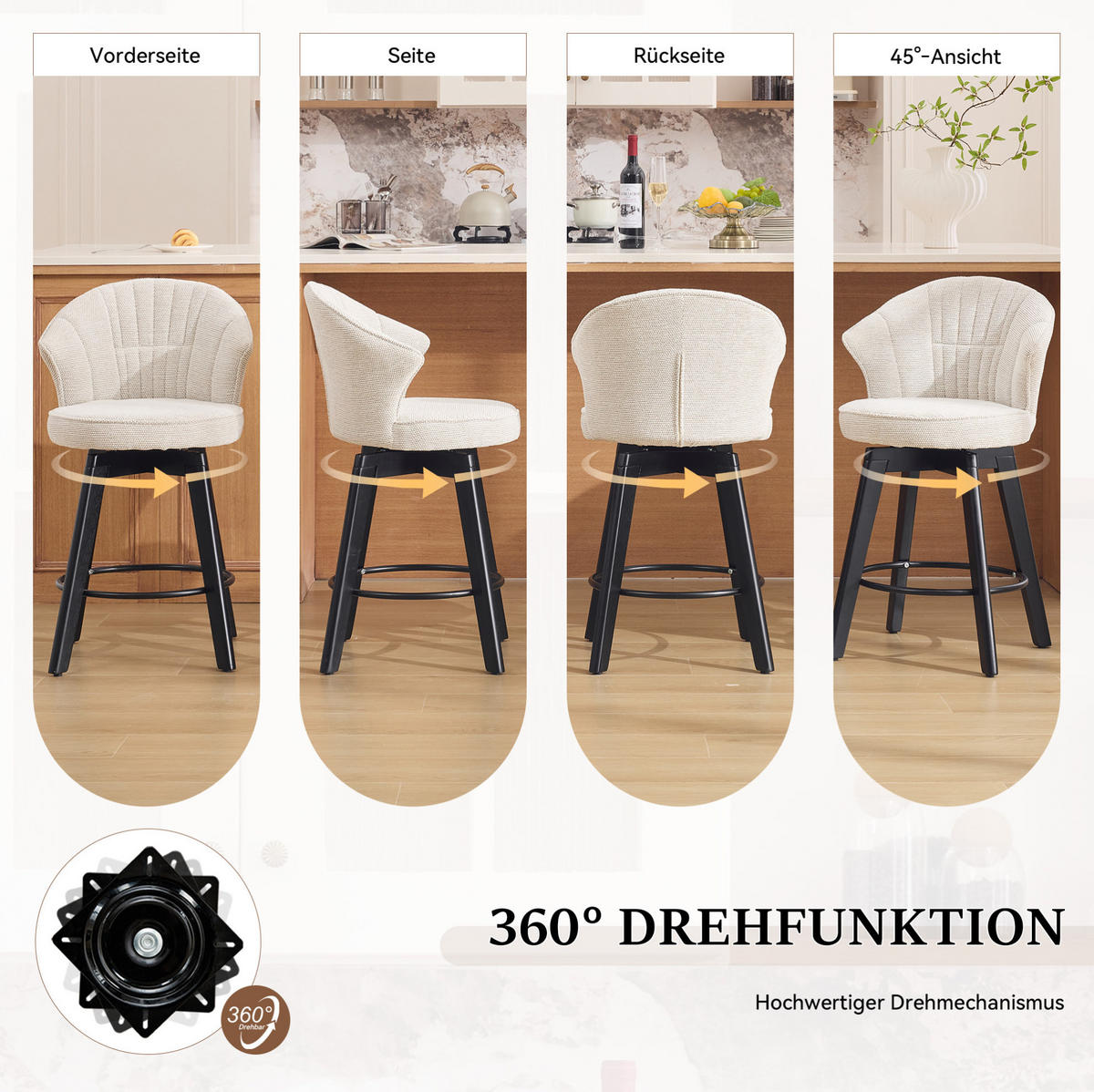 BARHOCKER drehbar mit Rückenlehne 51 x 52,5 x 92,5 cm Beige - Beige, Metall (51/92.5/52.5cm) - Meubliv