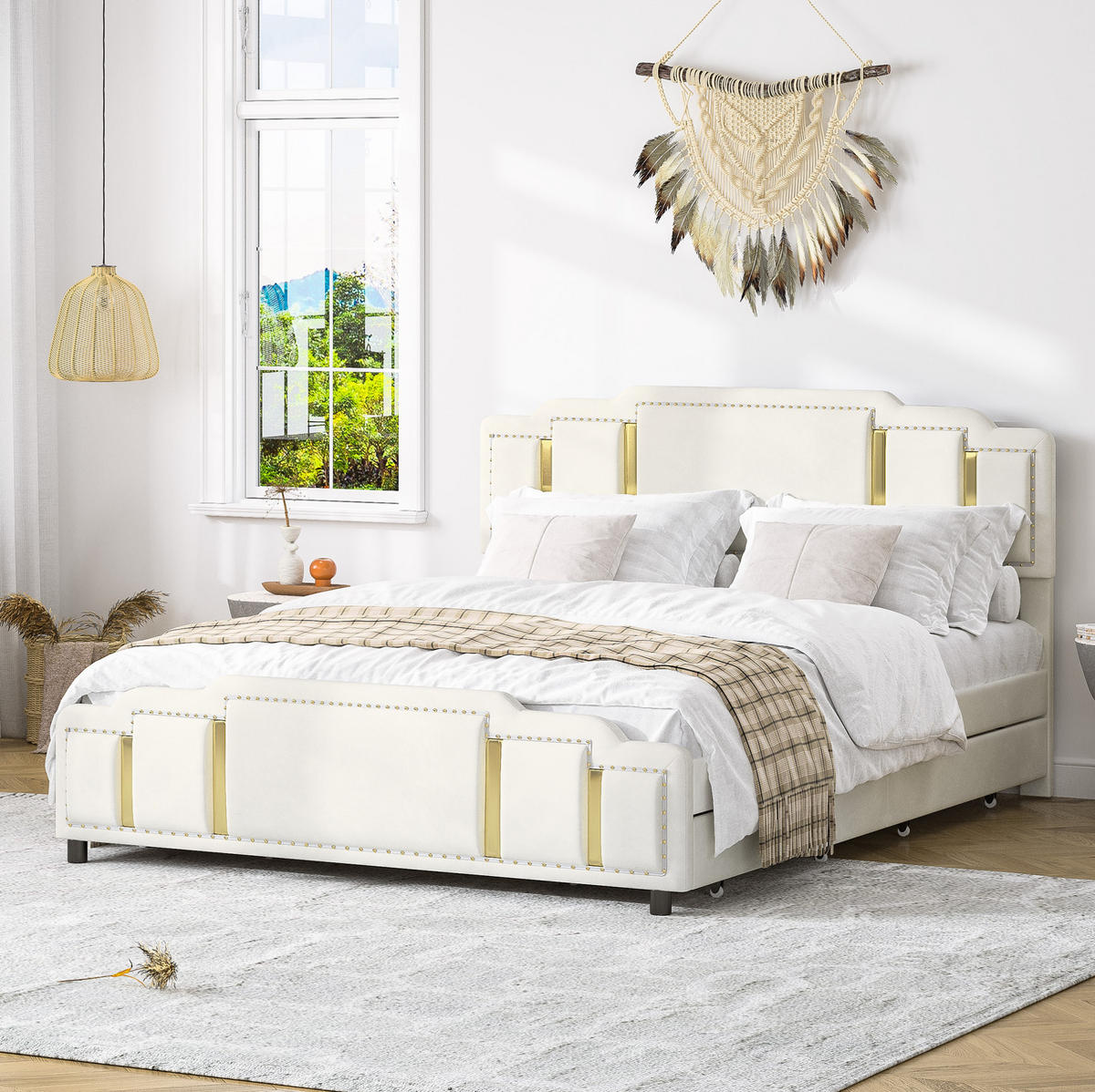 POLSTERBETT mit LED und 4 Schubladen 140x200 cm Samt Beige - Beige, Metall (140/200cm) - Meubliv