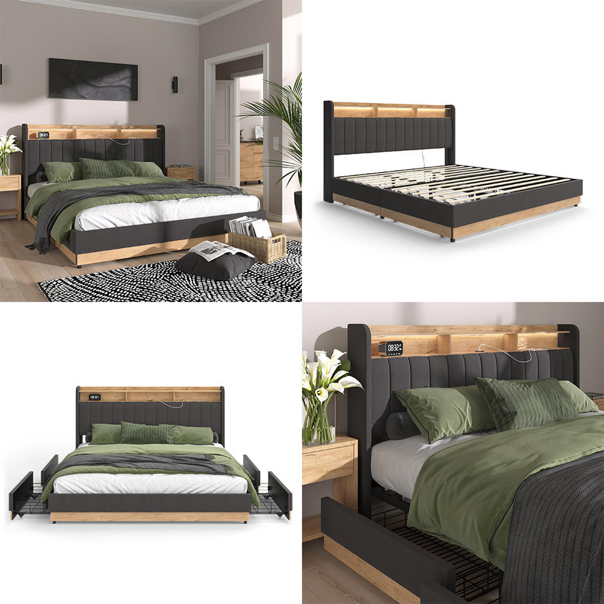 ČALOUNĚNÁ POSTEL Nura Antracit - antracitová/barva dubu, kompozitní dřevo - VitaliSpa