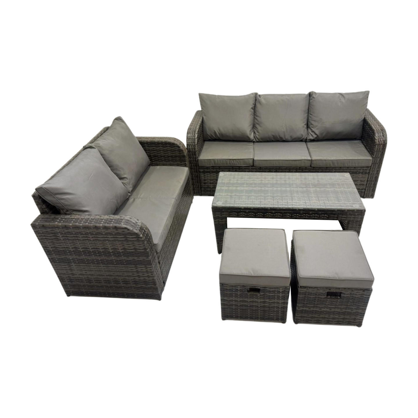 GARTENSOFA SET mit COUCHTISCH Polyrattan 7-Sitzer - Dunkelgrau/Grau, Glas/Kunststoff - Fimous