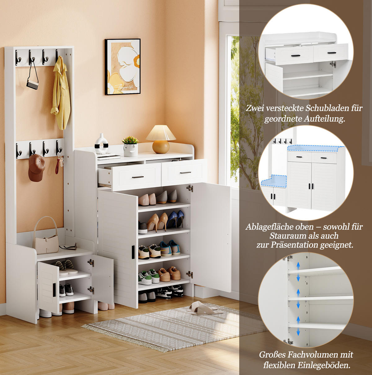 GARDEROBE 125/36/165 cm Weiß aus MDF mit 8 Haken und 10 Fächern - Weiß, Holzwerkstoff (32/165/125cm) - OKWISH