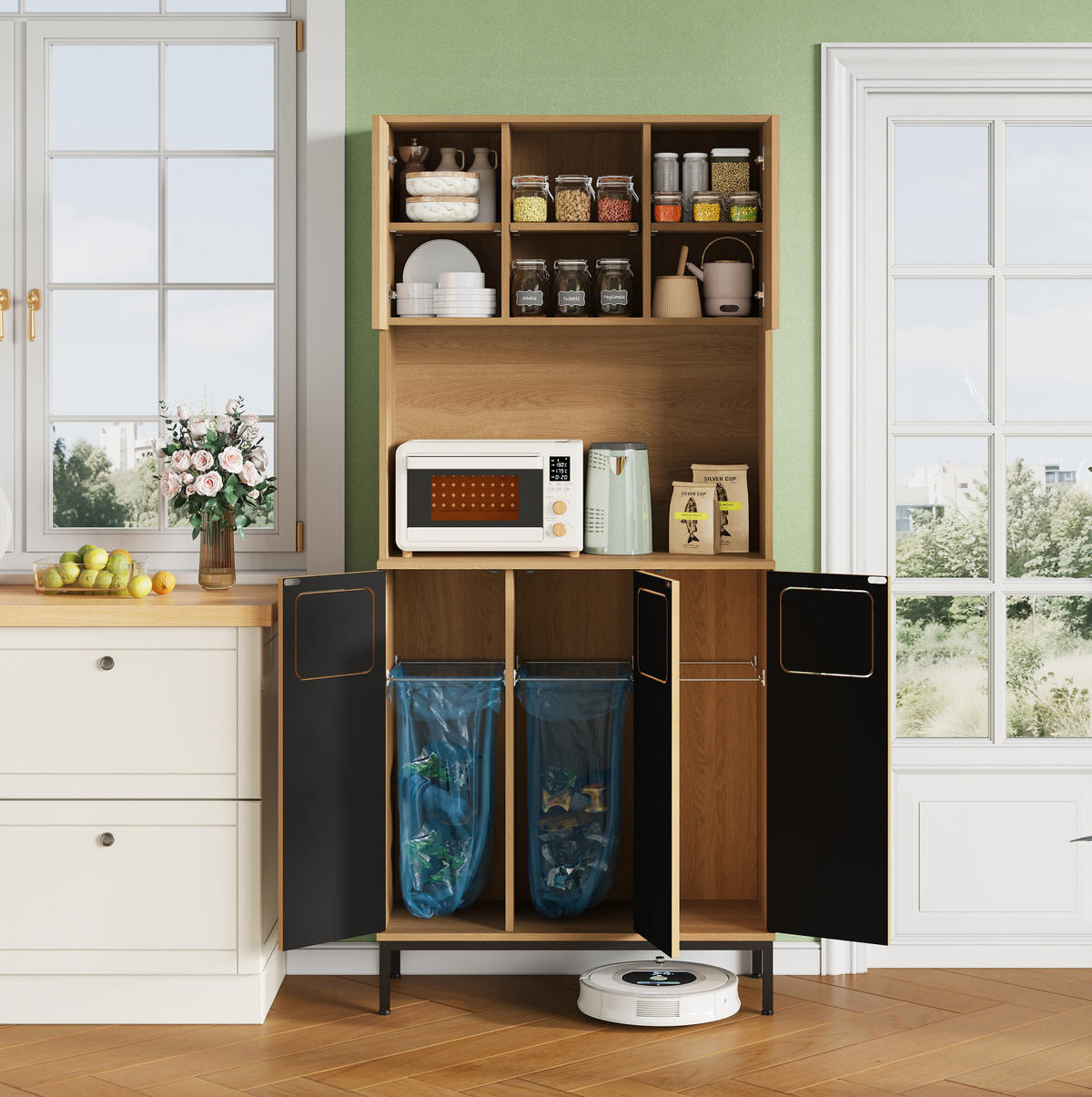 BUFFETSCHRANK 35/80/181 cm mit Mülltrennung, Mikrowellenfach und verstellbaren Böden aus MDF, Natur - Naturfarben, Holzwerkstoff (80/181/35cm) - Redom