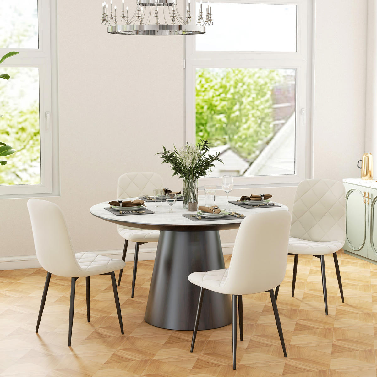 ESSZIMMERSTÜHLE 4er-Set DE-13273 hohe Rückenlehne & Veloursbezug Creme - Creme, Metall (54/87/45cm) - ComfortXL