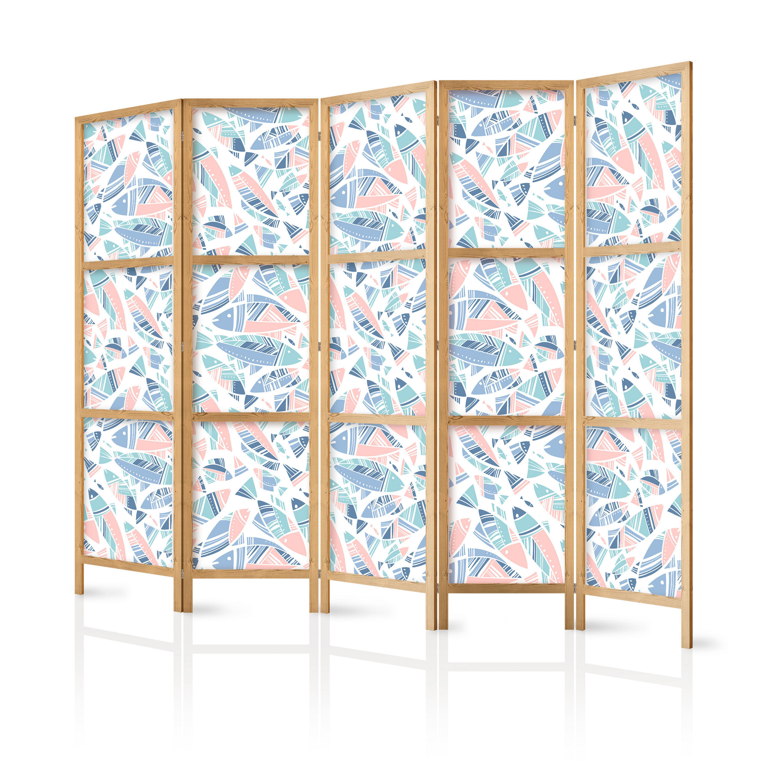 PARAVENT Japanischer 5-tlg 225x172 cm Bunte Fische - Blau, Holz/Textil (225/172/3cm) - Muralo