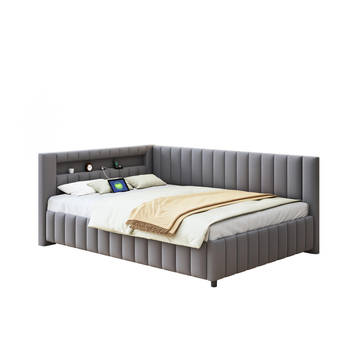 POLSTERBETT 140/200 cm Grau mit LED-Beleuchtung und USB-Anschluss - Grau, Textil (140/200cm) - Flora Grace