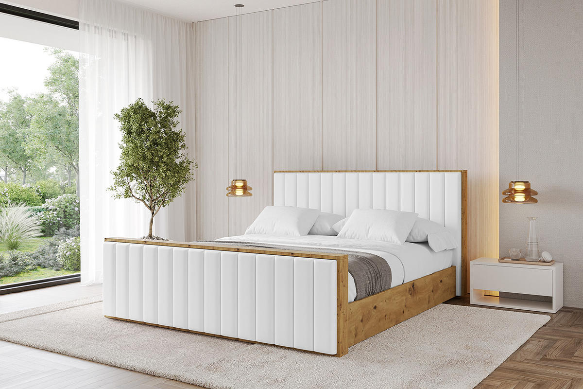 POLSTERBETT mit Bettkasten, Fußteil und Lattenrost, Boxbett mit Matratze H3/H4 - ENZO4-Z 120x200 Weiß Kunstleder - Weiß Hochglanz, Holzwerkstoff/Textil (120/200cm) - ALTDECOR