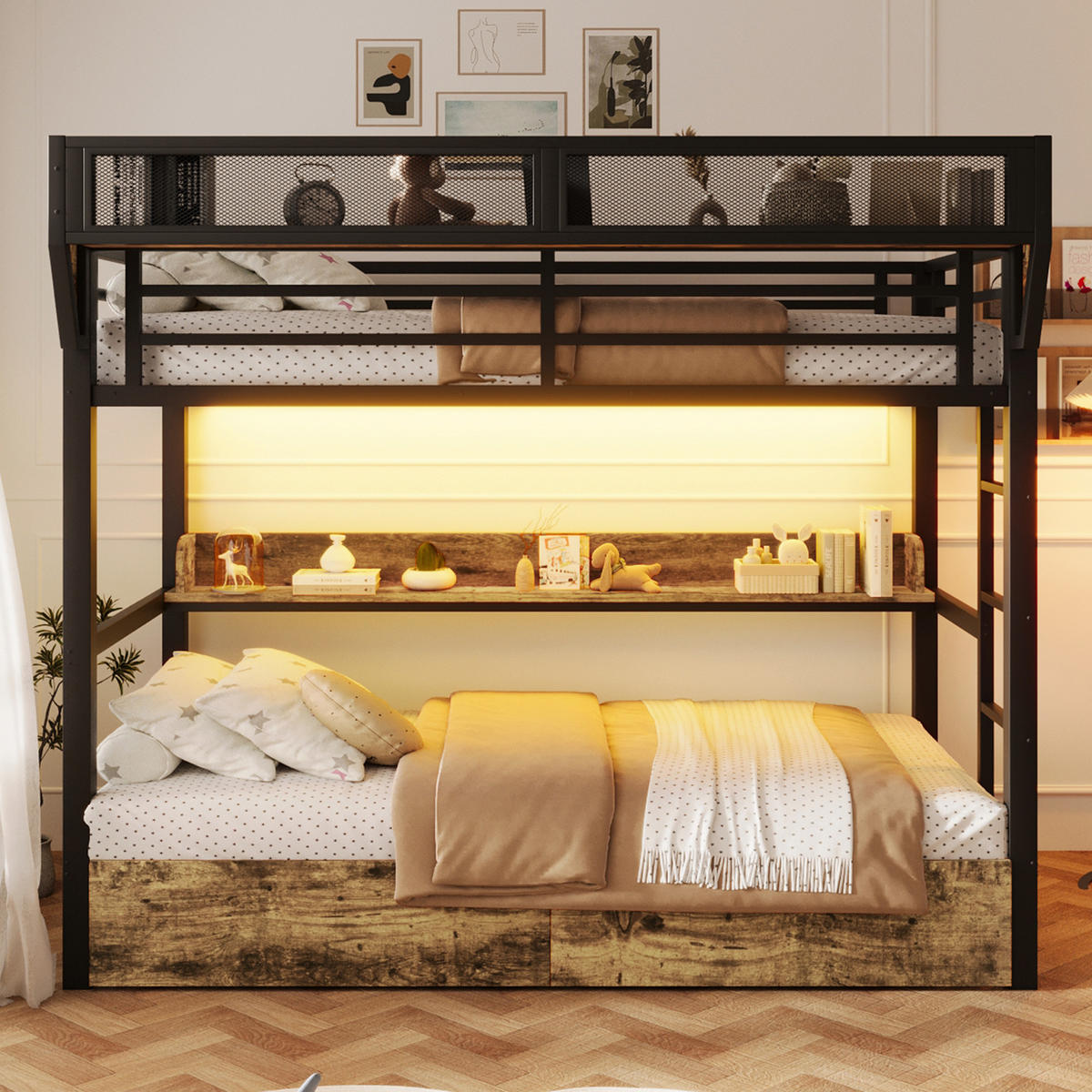 ETAGENBETT 90/200 cm in Schwarz mit LED, Ablagebord, Aufbewahrungskorb und 2 Schubladen - Schwarz, Holzwerkstoff/Metall (90/200cm) - WISHDOR