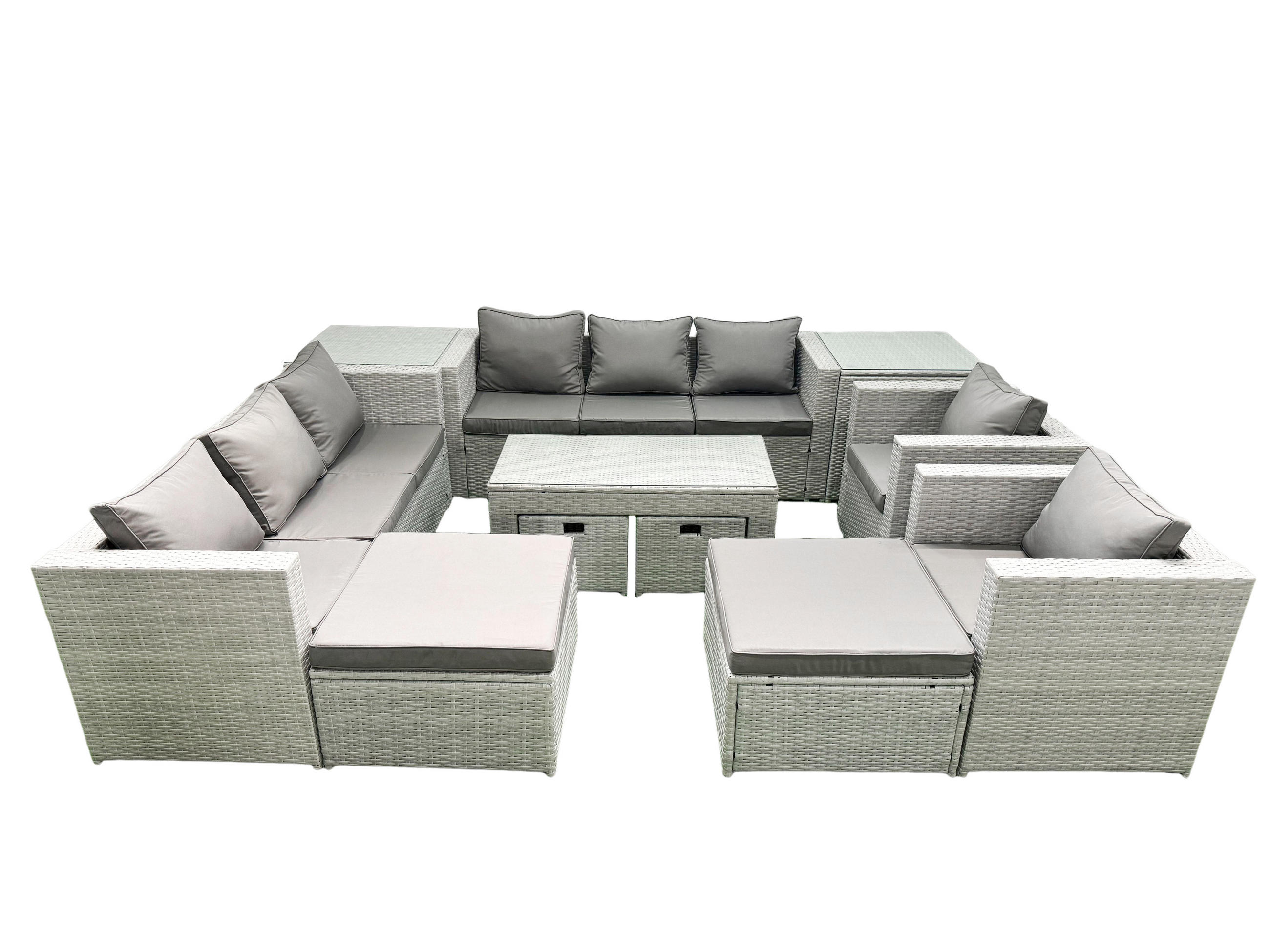 BALKONMÖBEL-SET Polyrattan Hellgrau-Mix 12-teilig - Hellgrau/Grau, Glas/Kunststoff - Fimous