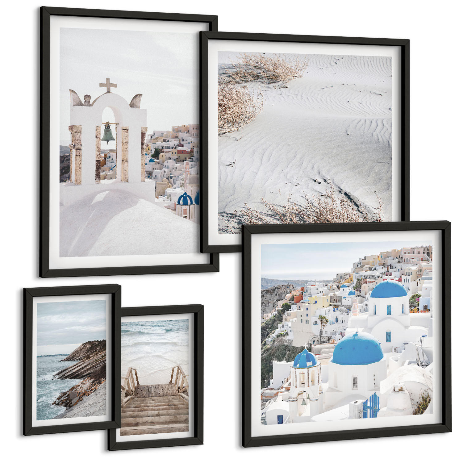 BILDER SET 5er Set - 50x50 cm & 20x30 cm & 40x60 cm Schwarzer Rahmen - Meeresarchitektur Santorin - Schwarz, Kunststoff (40/60cm) - TULUP