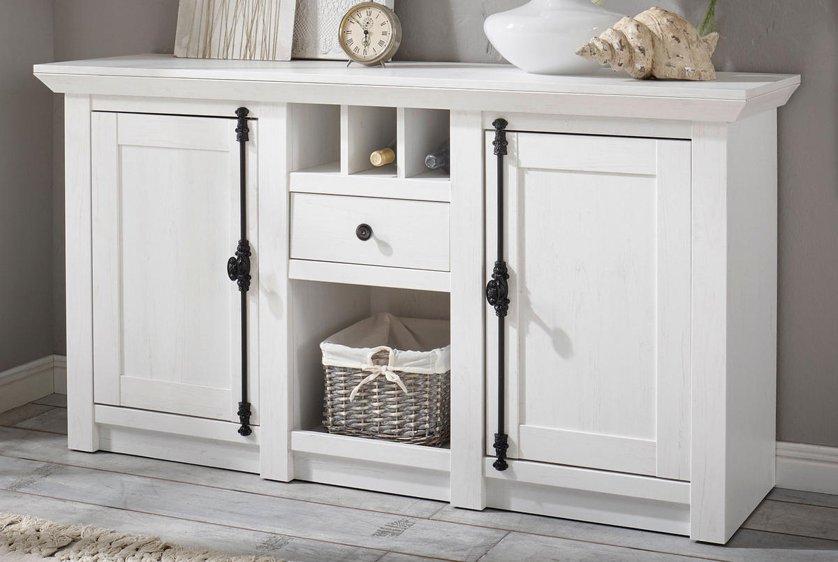 SIDEBOARD weiß Pinie Landhaus, Kommode mit Weinregal 152 x 83 cm - Anthrazit/Weiß, Holzwerkstoff/Metall (152/83/45cm) - Furn.Design