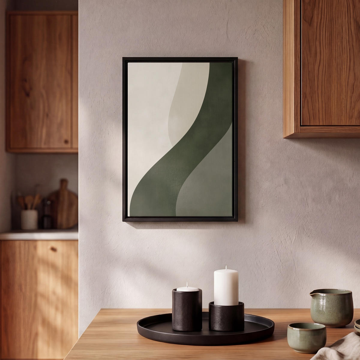 LEINWAND Bilder mit Rahmen - Japandi - Grün - Abstrakt - Modern - 20x30 - Salbeigrün, Textil (20/30cm) - MuchoWow