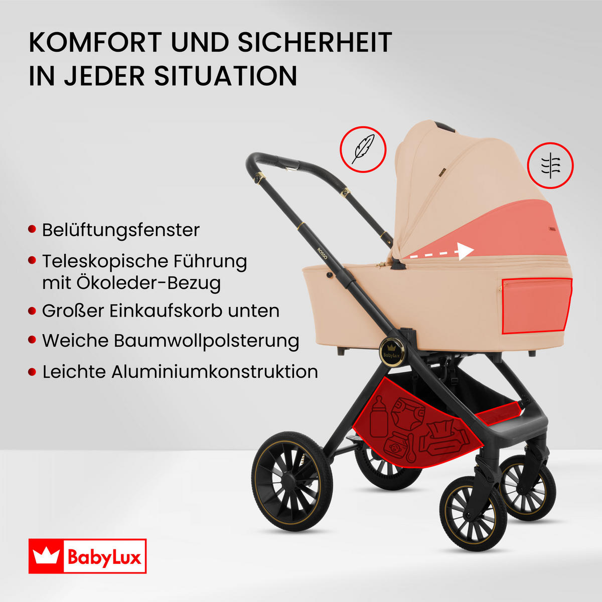 KINDERWAGEN Rosso 2in1 Beige Babywanne, Buggy Sportsitz, Faltbar, Wickeltasche - Beige/Schwarz, Textil/Metall (58/100cm) - BabyLux