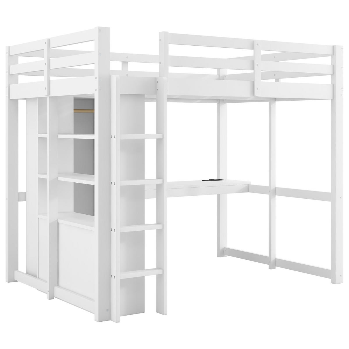 HOCHBETT 140/200 cm DE-03344, mit 2 Schubladen, Regalen, Schreibtisch und LED, in Weiß - Weiß, Holz/Holzwerkstoff (140/200cm) - ComfortXL