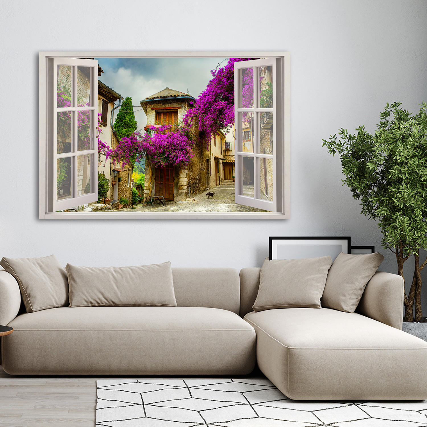 WANDBILD fensterblick blumen auf der straße vintage - Lila, Textil (60/40cm) - Feeby