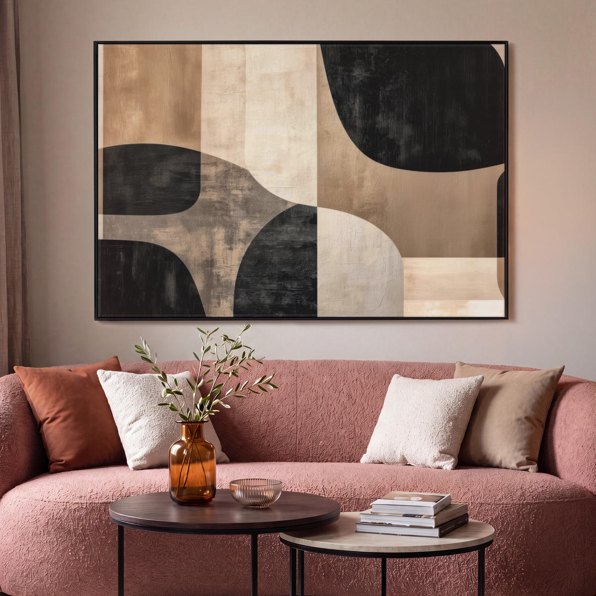 LEINWAND Bilder mit Rahmen - Abstrakt - Flugzeuge - Schwarz - Rund - 150x100 - Beige, Textil (150/100cm) - MuchoWow