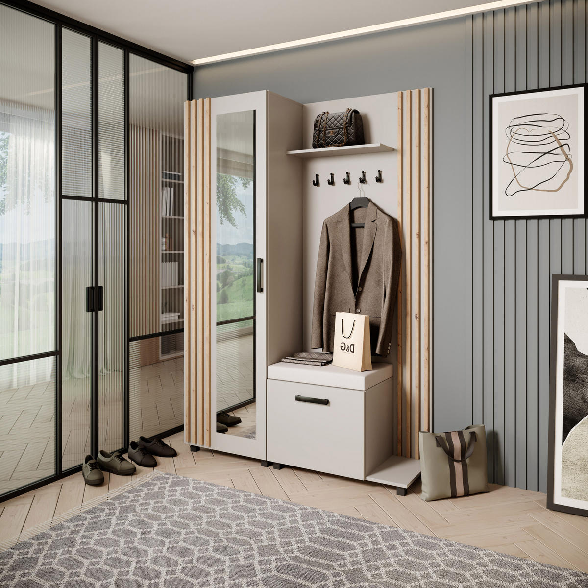GARDEROBENSCHRANK Livia mit Aufhängern und Spiegel, Kaschmir, rechts - Kaschmir/Eiche Artisan, Holzwerkstoff (137/207/42cm) - Beautysofa