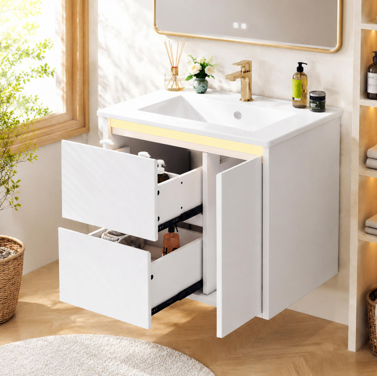 WANDWASCHTISCH aus MDF und Keramik 61x46,5x57 cm Weiß mit LED-Radarsensorleuchte und Soft-Close - Weiß, Keramik (61/57/46.5cm) - Modfu