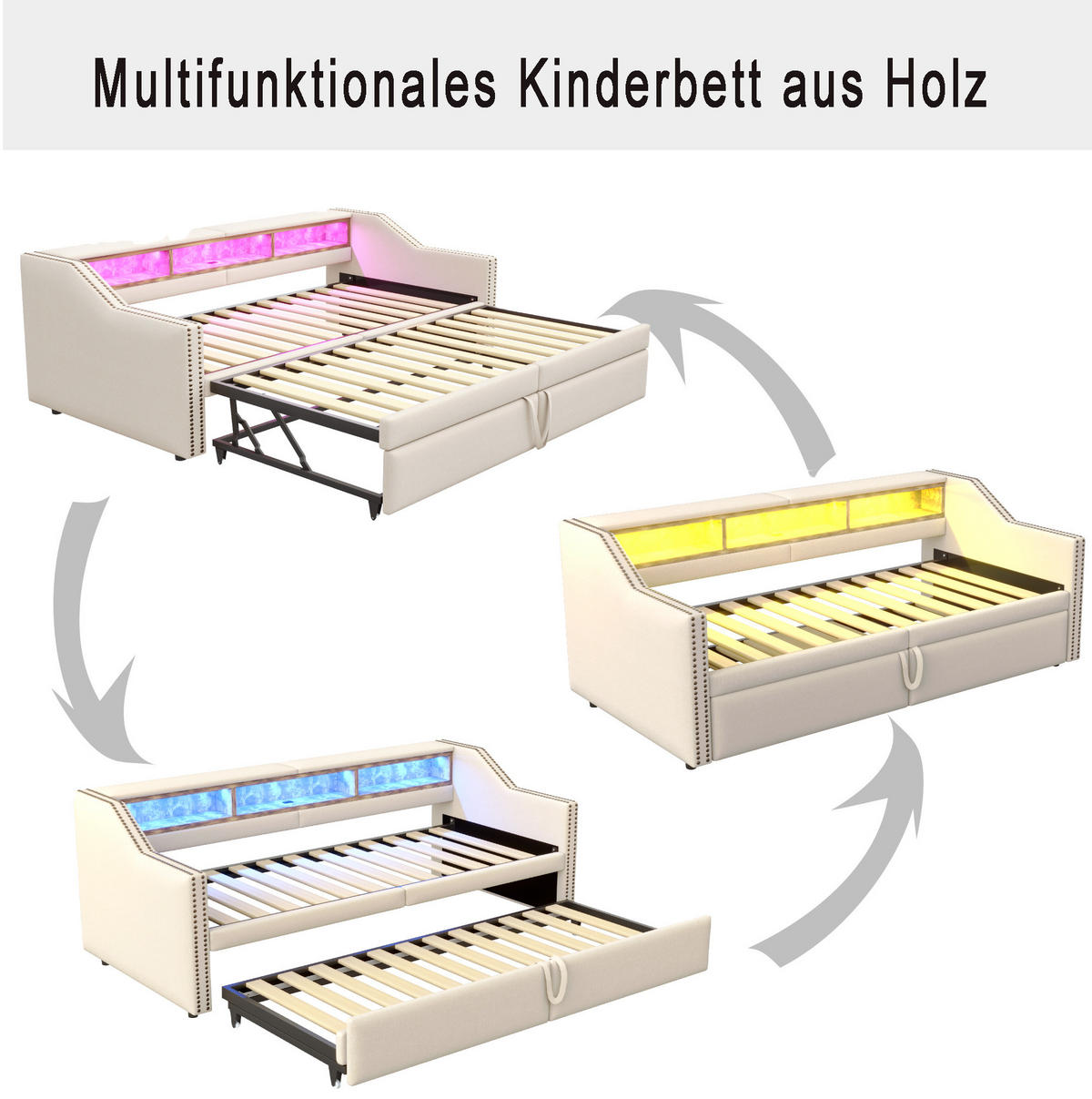 POLSTERBETT 90/180 x 200 cm aus Leinenstoff mit Ausziehfunktion LED und USB Beige - Beige, Textil (90/180cm) - Modenvie