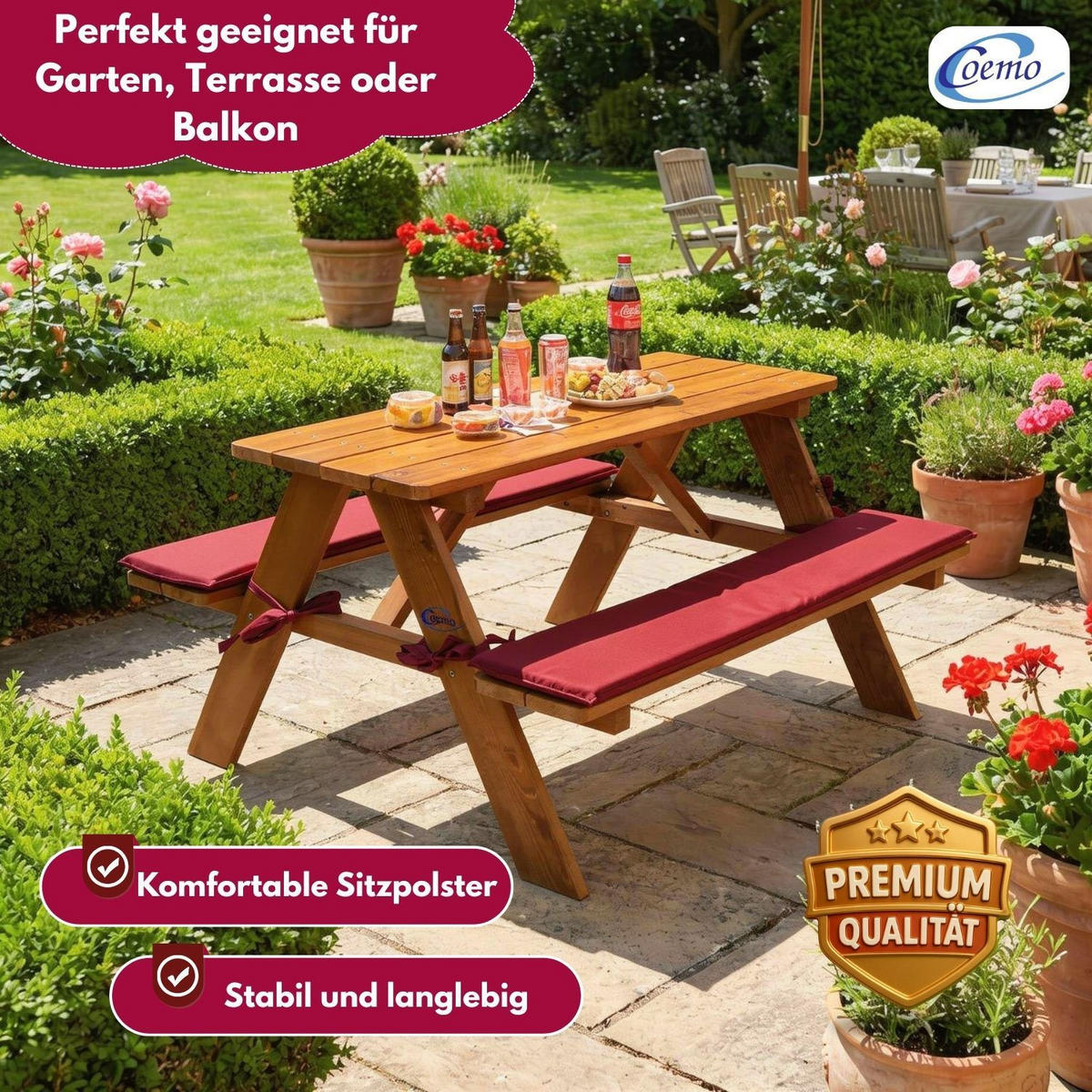 KINDERSITZGRUPPE GARTEN Holz mit Sitzauflagen Farbe Rotbraun 89/79/50 cm - Braun, Holz (79/50/89cm) - Coemo