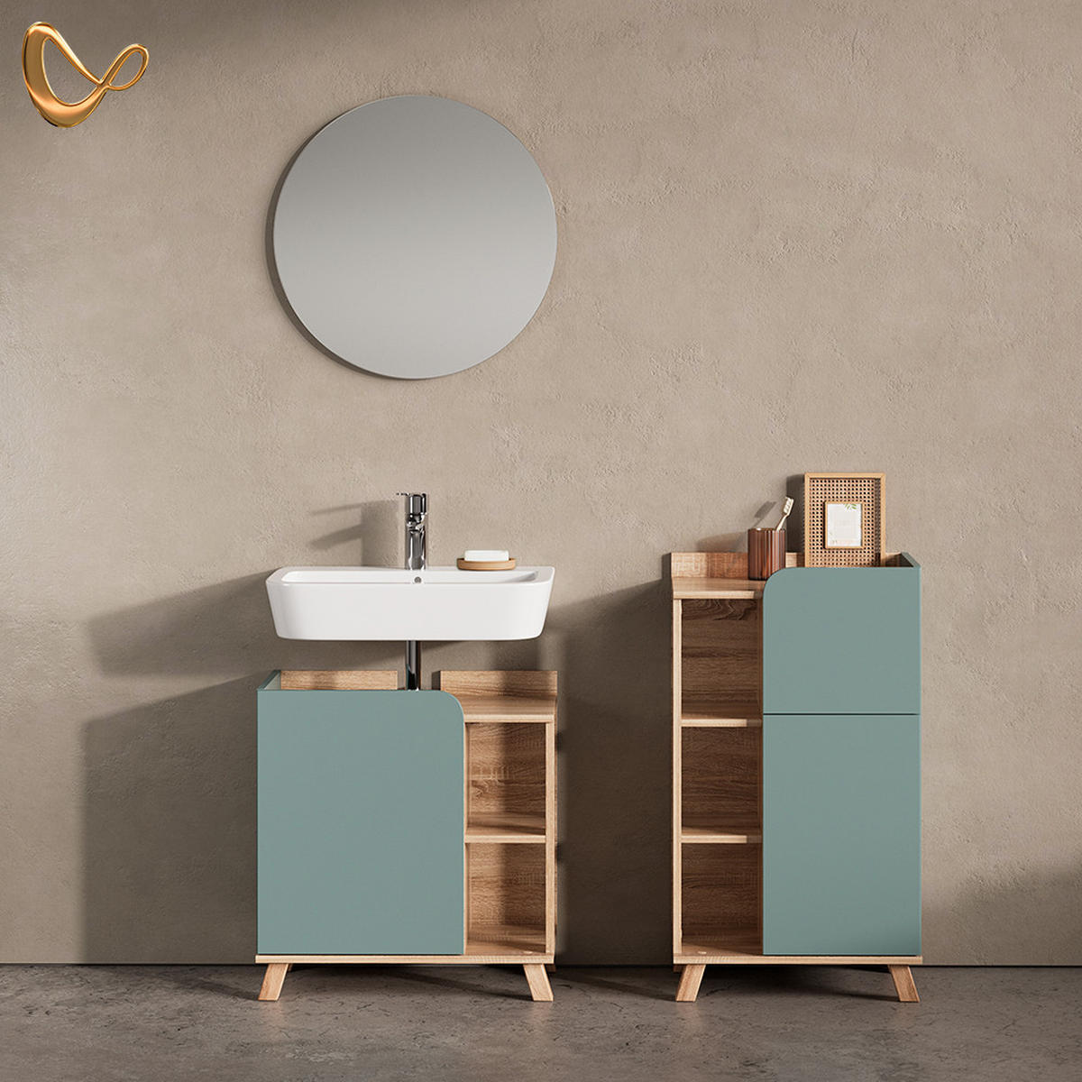 BADMÖBEL-SET Marano Blau-Grau 3 Teile, mit Midischrank - Blaugrau/Sonoma Eiche, Holzwerkstoff (35/65/60cm) - Livinity®