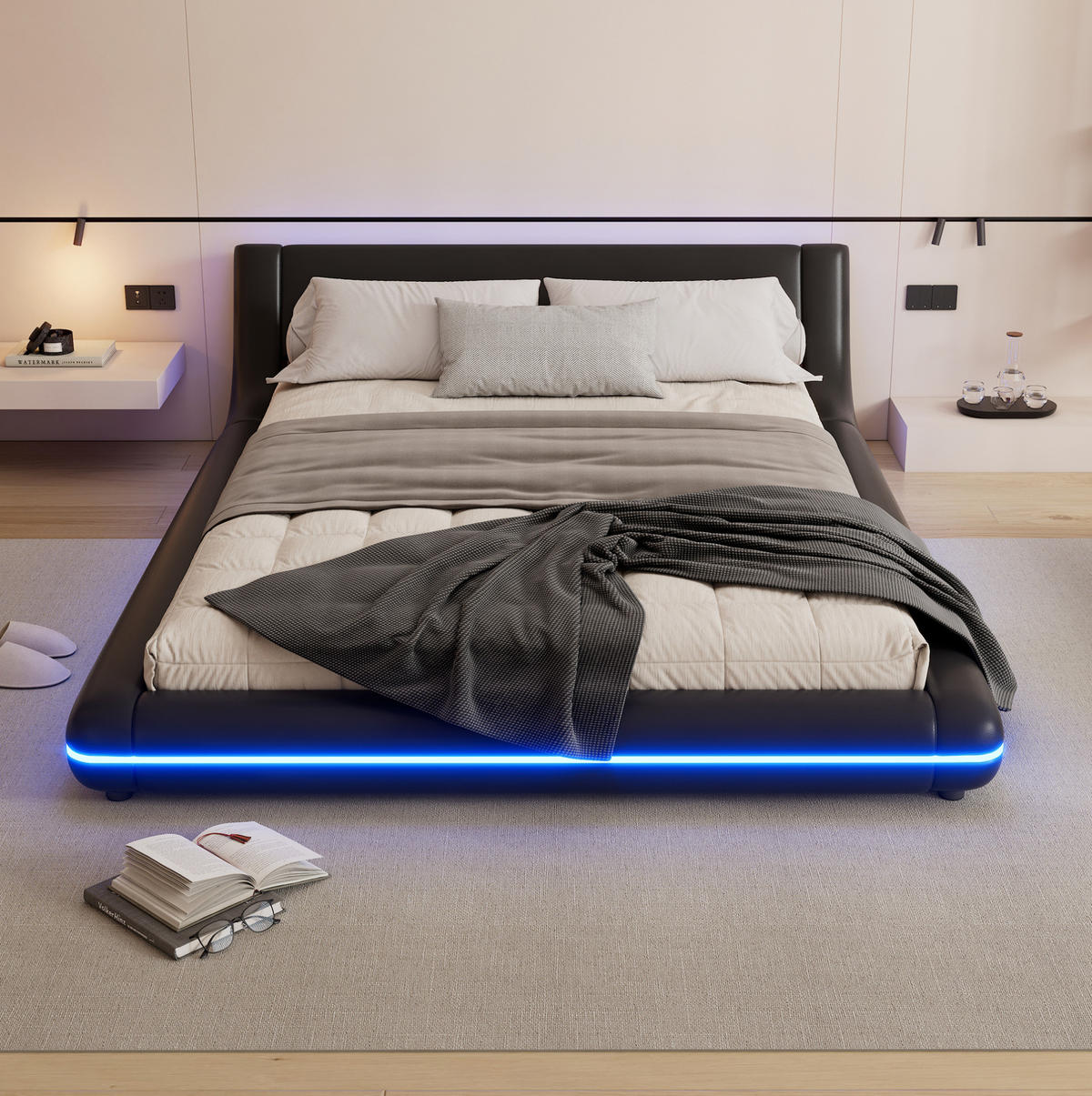 BETT 140/200 cm in Schwarz mit LED-Beleuchtung und inkl. Lattenrost - Schwarz, Kunststoff (140/200cm) - BEAOK