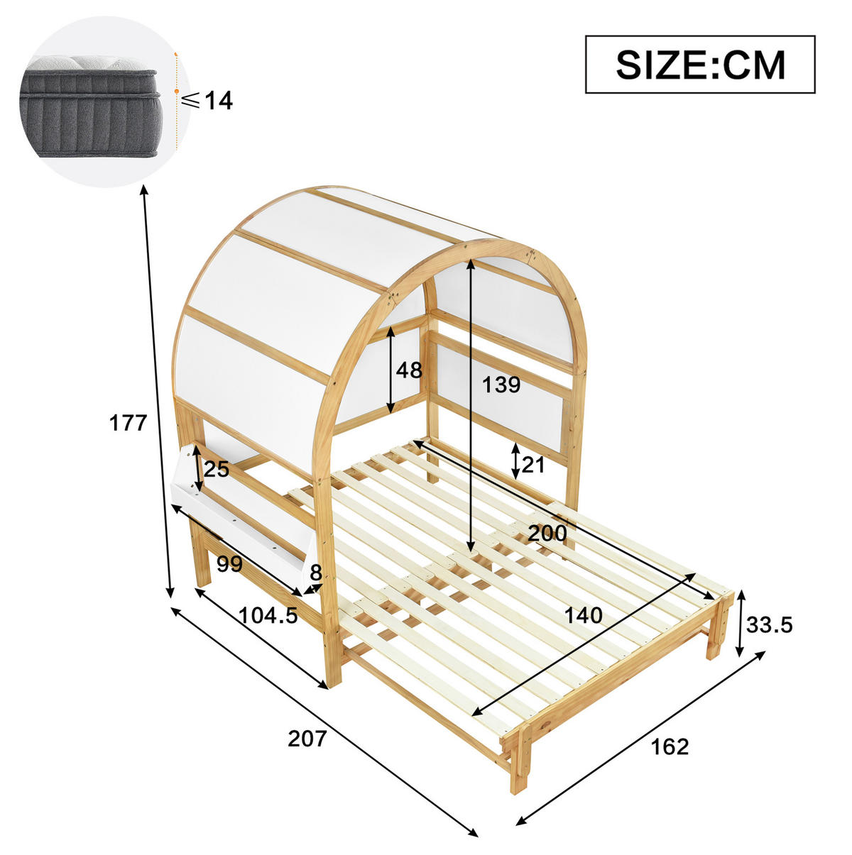 KINDERBETT aus Kiefernholz und MDF 140x200 cm Weiß/Natur mit Ausziehbett und Ablagefläche - Weiß, Holzwerkstoff (140/200cm) - IVMEU