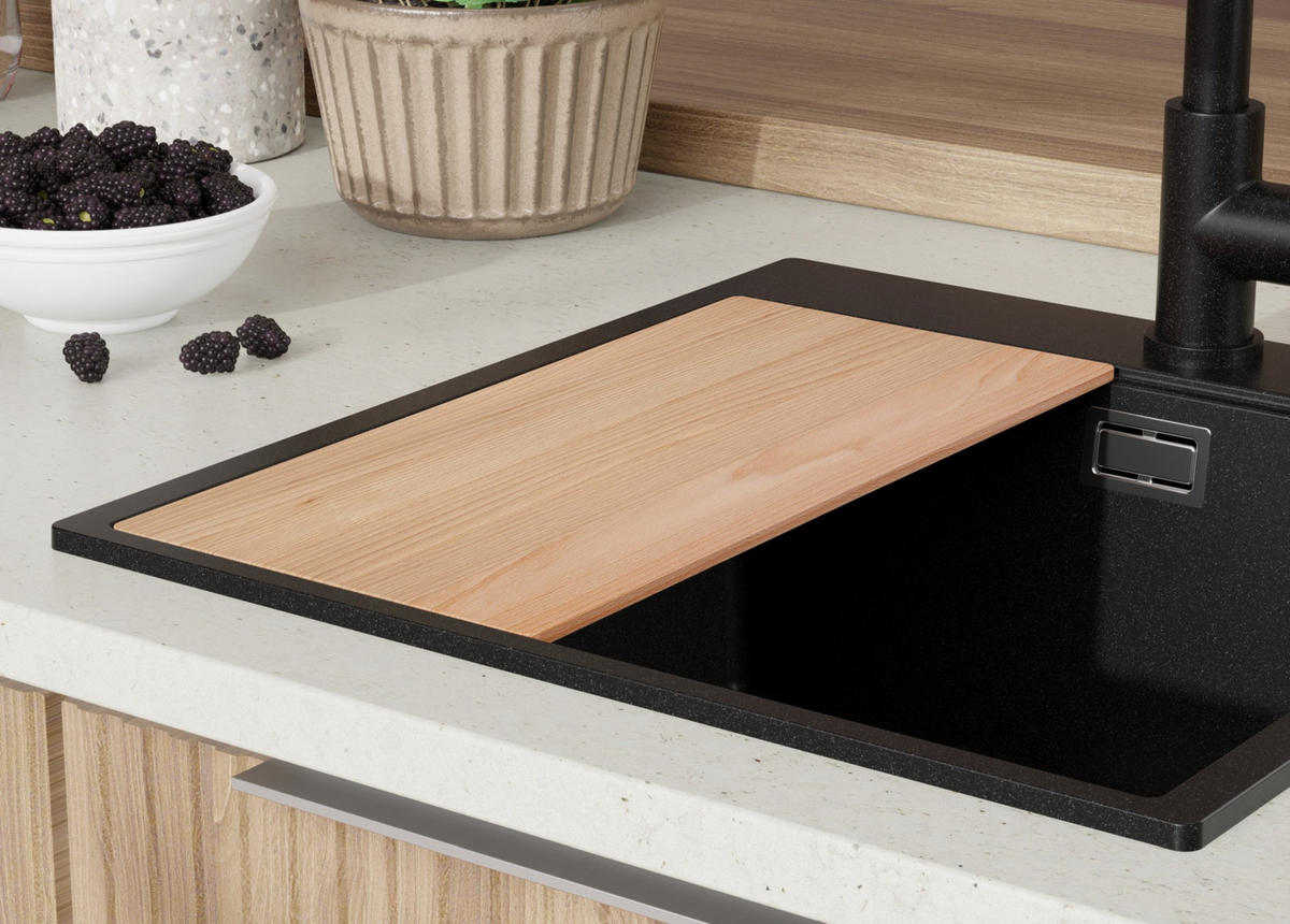 GRANITSPÜLE Oslo, 2-er set Schwarz 48/50 cm 1 Becken + Küchenarmatur 40/38 cm + Ablauf-Set + Schneidebrett ab 50er Unterschrank - Chromfarben/Beige, Kunststoff (48/20/50cm) - Primagran