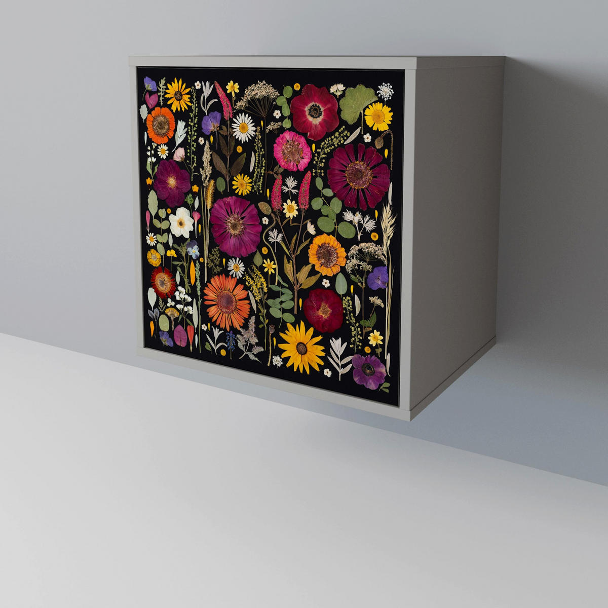 SIDEBOARD MIDNIGHT GARDEN, Grau, 57,5x42x72,5 cm, Schwarze Metallfüße - Multicolor/Schwarz, Holzwerkstoff/Metall (57.5/72.5/42cm) - SpaceRebels