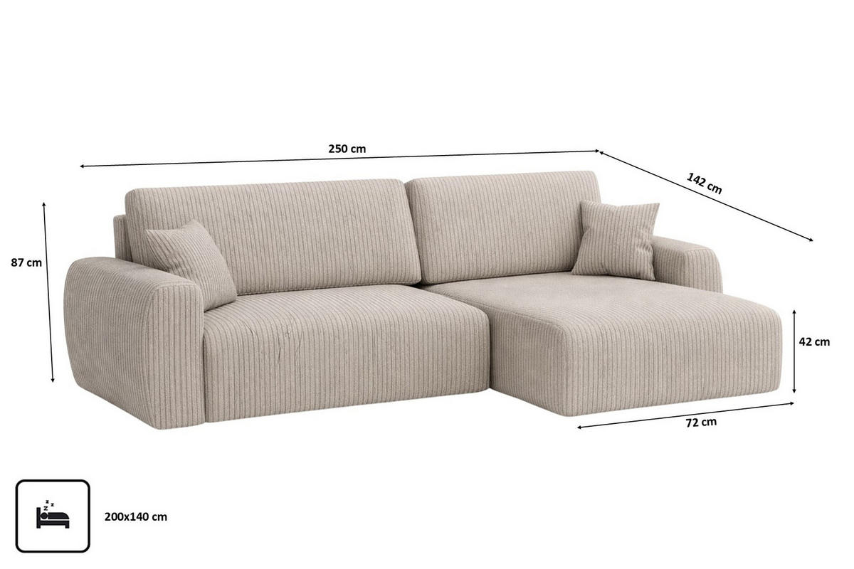 ECKSOFA Mit Schlaffunktion Ariel L, Cordstoff, Stoff Poso, Dunkelbeige, Rechts - Beige, Holz (250/142cm) - Kaiser Möbel