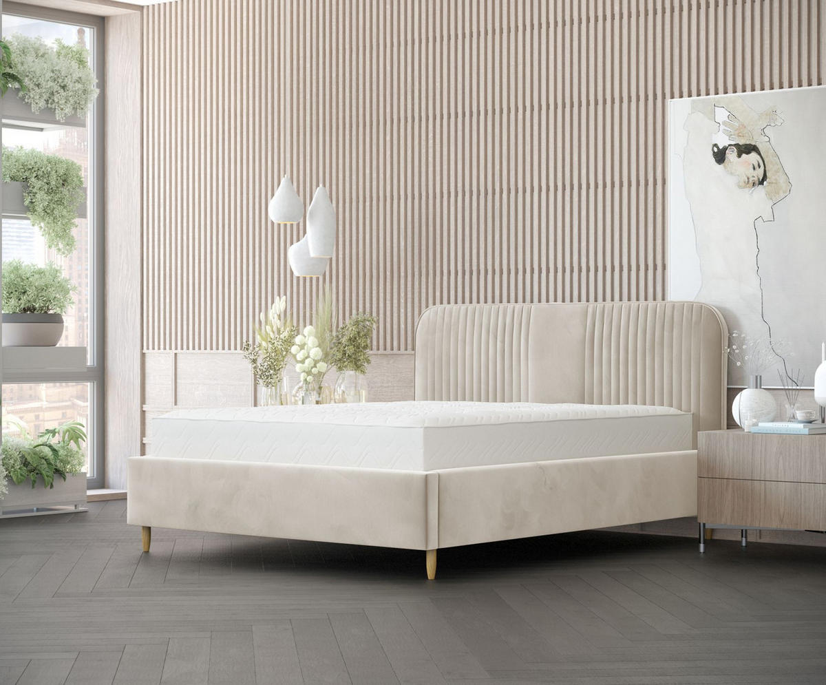 POLSTERBETT Livy Hellbeige 120/200 cm im Samtstoff - Beige/Naturfarben, Holz/Holzwerkstoff (120/200cm) - Maison de Reve