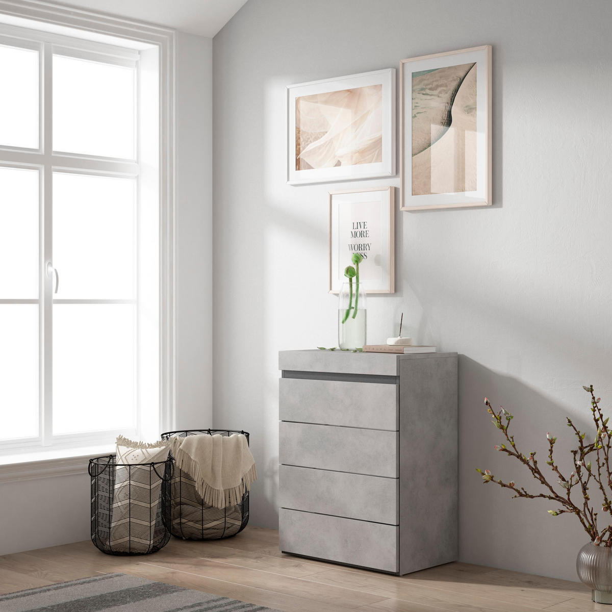 KOMMODE mit Schubladen, Sideboard Schrank, zementgrau, 35/57/75cm - Grau, Holzwerkstoff (57/75/35cm) - Skraut Home