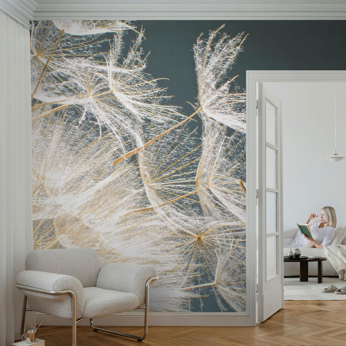 FOTOTAPETE 104x70 cm - Löwenzahn der Leichtigkeit - Weiß, Textil (104/70cm) - Wallfluent