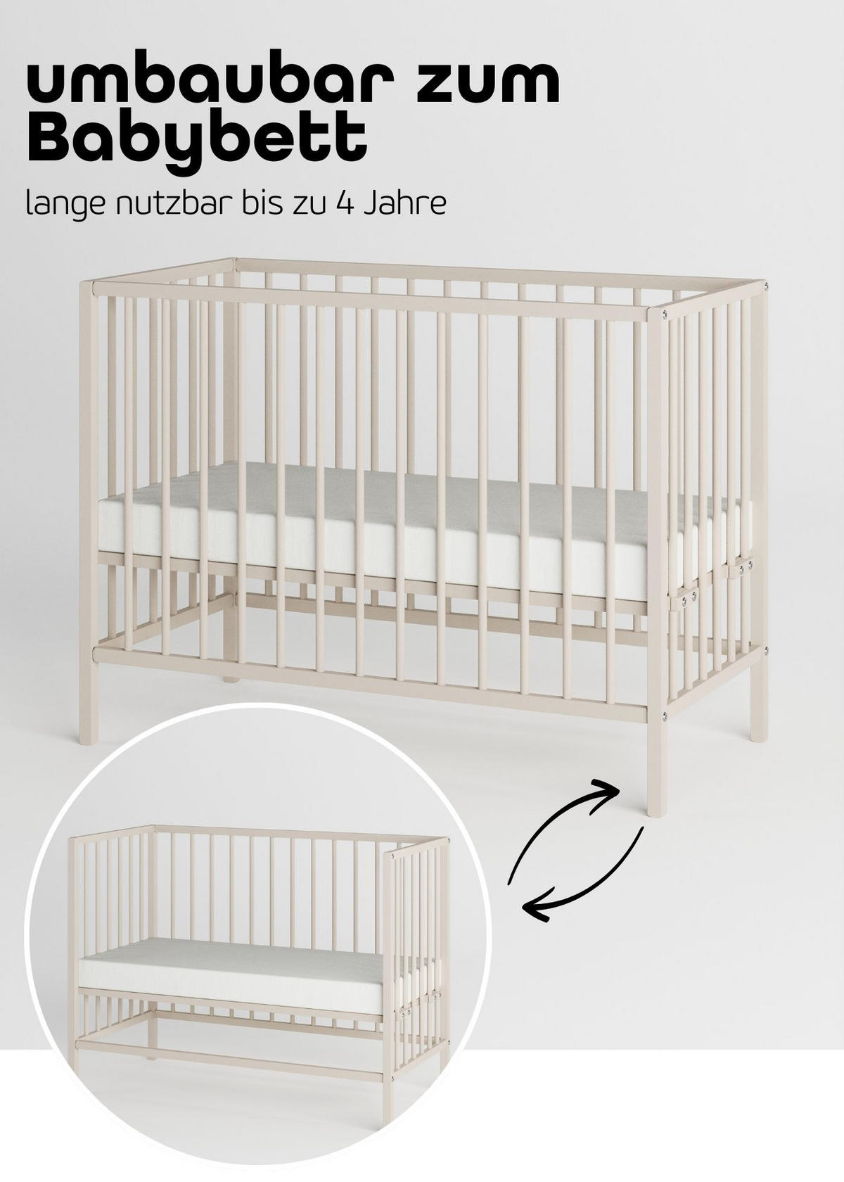 BEISTELLBETT mit Matratze SleepPlus & Umbauseite - sahara dust - Dreamy 4 in 1 Bett - Sandfarben, Holz (120/90/60cm) - Sämann – make a difference.