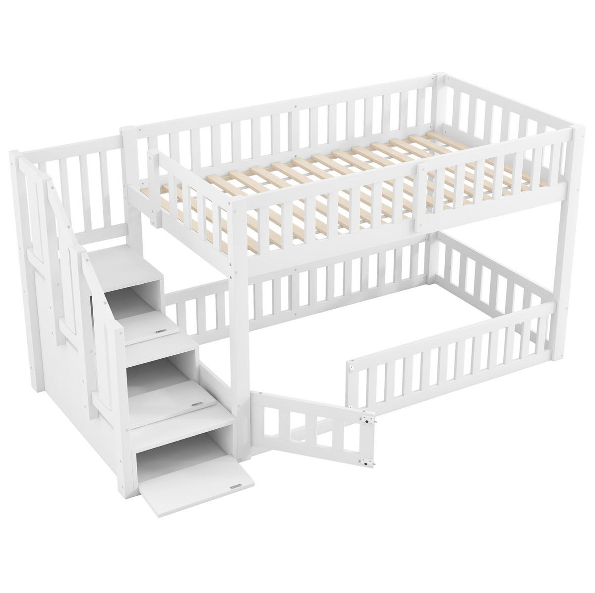 ETAGENBETT 90/200 cm aus Kiefer und MDF mit Leiter, Stauraum und Schutzgitter, Weiß - Weiß, Holzwerkstoff (90/200cm) - Redom