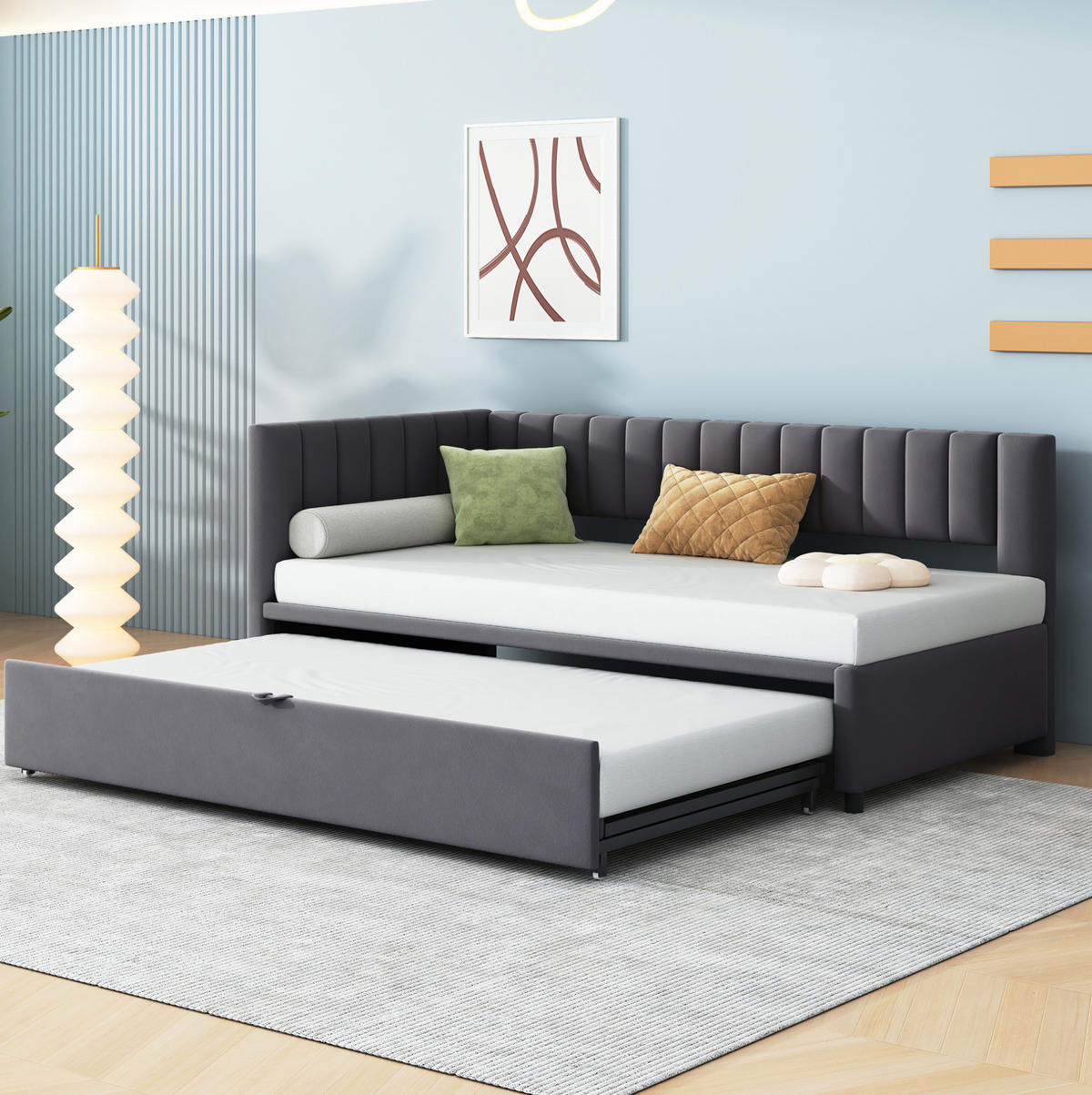 POLSTERBETT 90/180 cm grau aus Samt mit ausziehbarem Bett - Dunkelgrau, Textil (90/180cm) - OKWISH