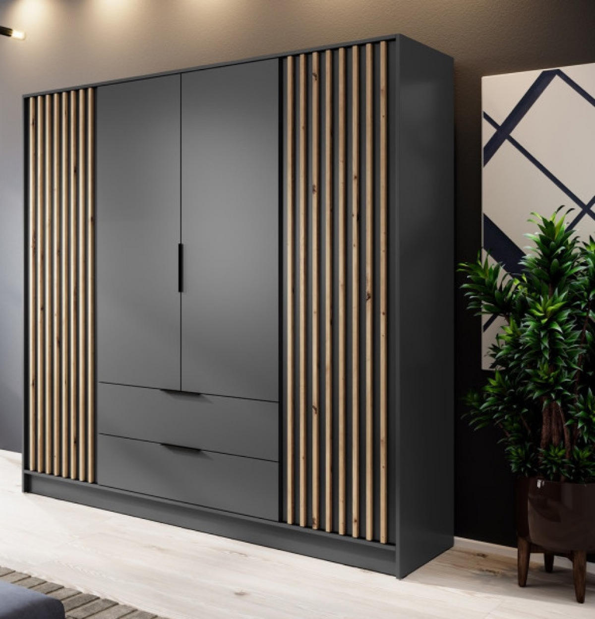 SCHRANK Grafit KELLY Viertrürig Mit Lamellen 206 cm - Graphitfarben, Holzwerkstoff (206/200/51cm) - Sepro Meble