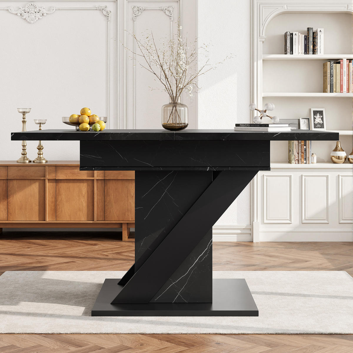 AUSZIEHBARER Esstisch aus MDF, 110-140/80/75 cm, Schwarz, mit Metallgestell - Schwarz, Holzwerkstoff (110/80/75cm) - Redom