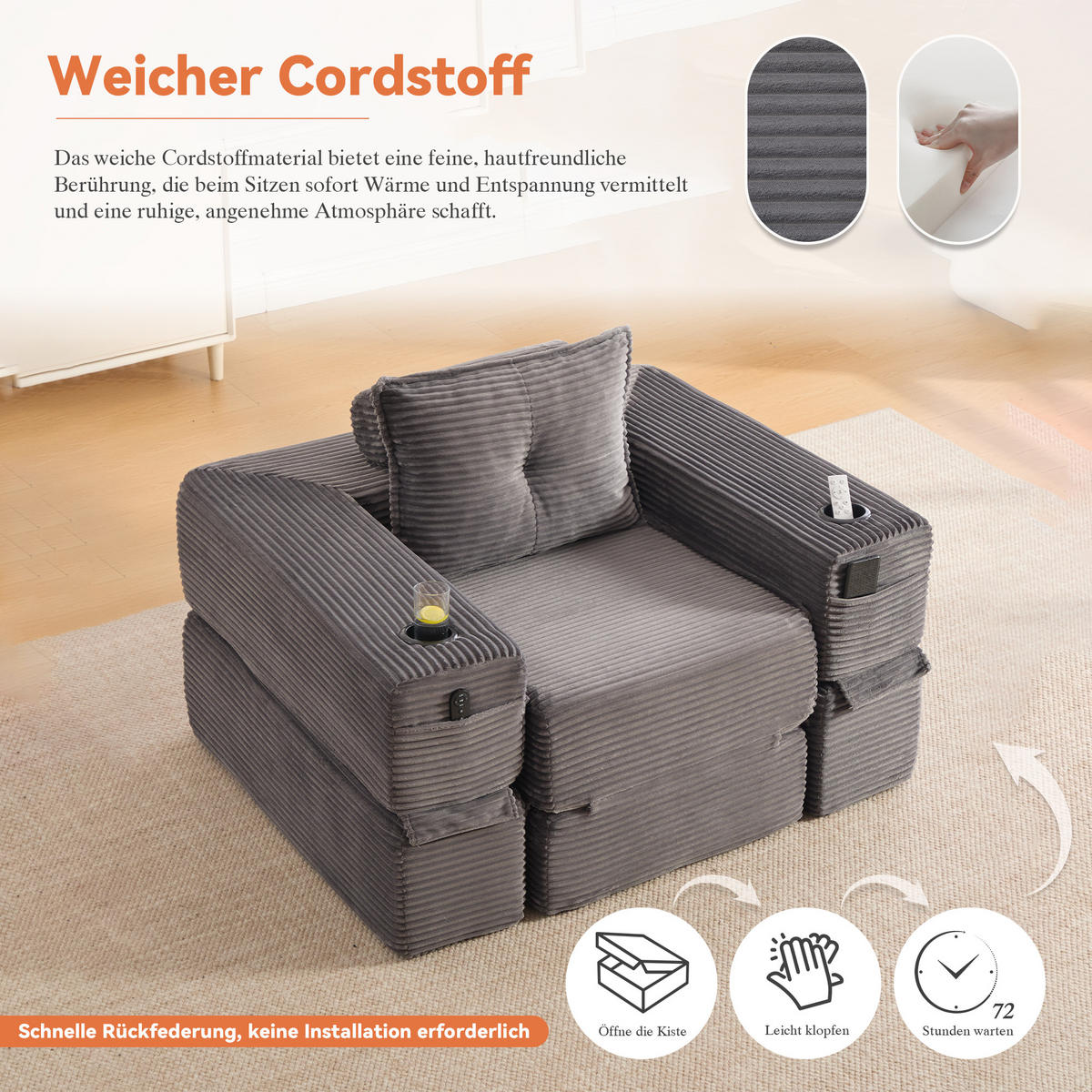 SCHLAFSOFA mit Schlafunktion, Getränkehalter und Federkern aus Cord - Dunkelgrau, Textil (122/80/98cm) - EVRYAE