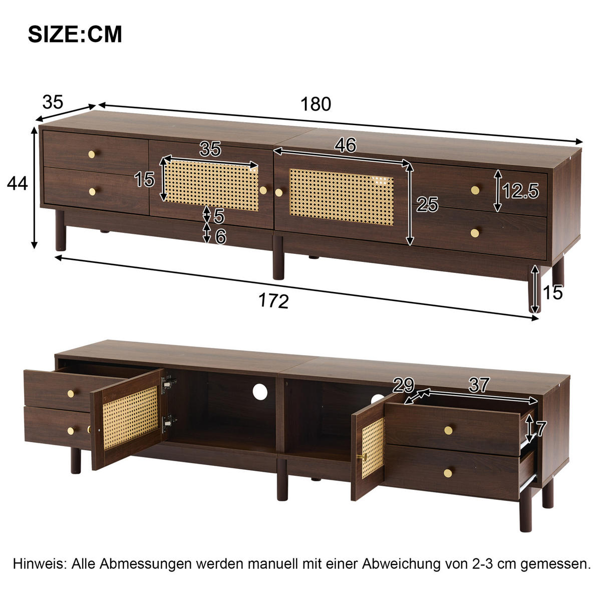 LOWBOARD 180/35/44 cm Braun aus Holzwerkstoff mit Rattantüren und Kabelmanagement - Rotbraun, Holzwerkstoff (35/44/180cm) - OKMYHOME