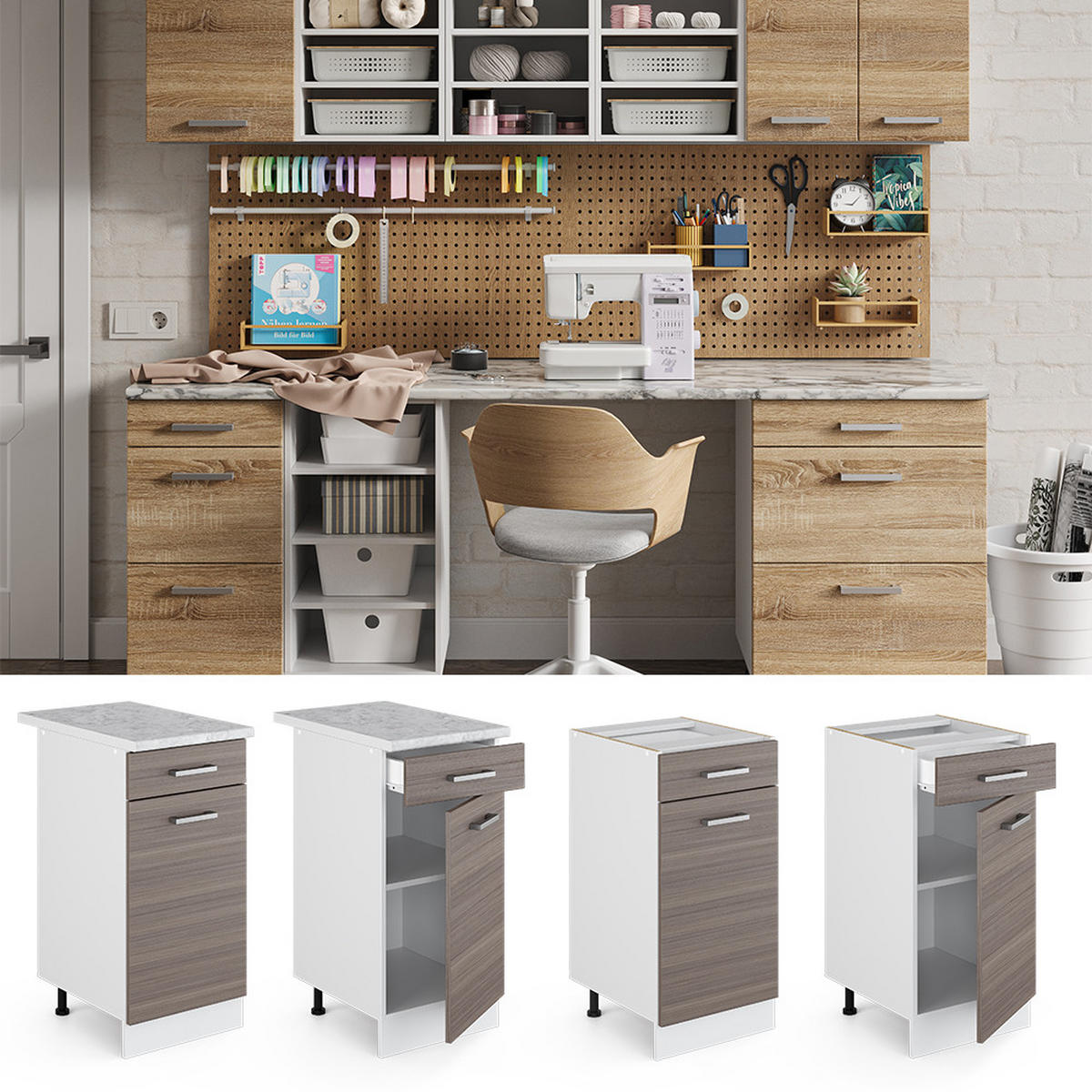 UNTERSCHRANK R-Line Grau 40 cm mit Schublade, mit Arbeitsplatte - Weiß/Grau, Holzwerkstoff (40/81.6/60cm) - Vicco