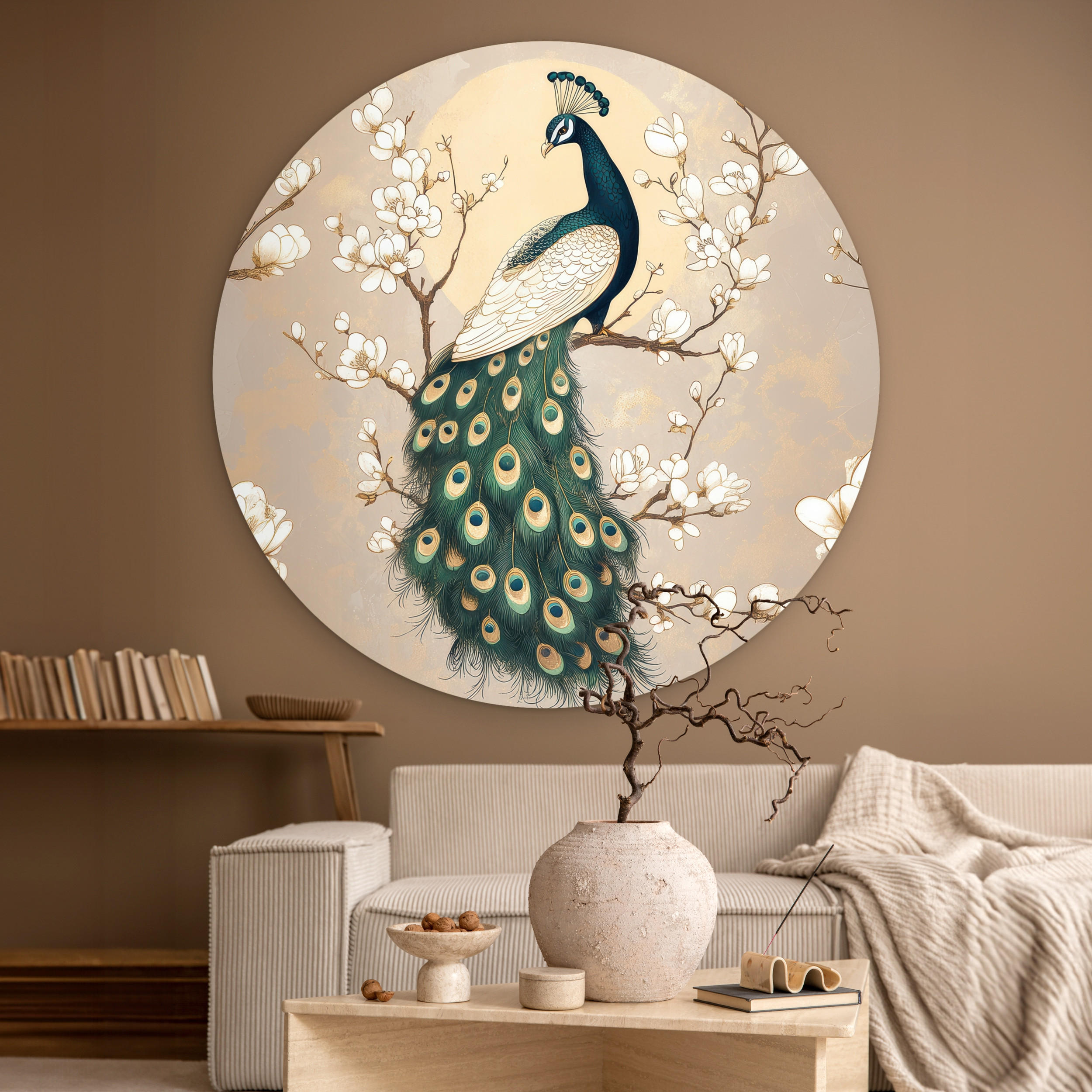 WANDBILD Pfau - Zweig - Blumen 120x120 cm - Champagner, Kunststoff (120/120cm) - MuchoWow